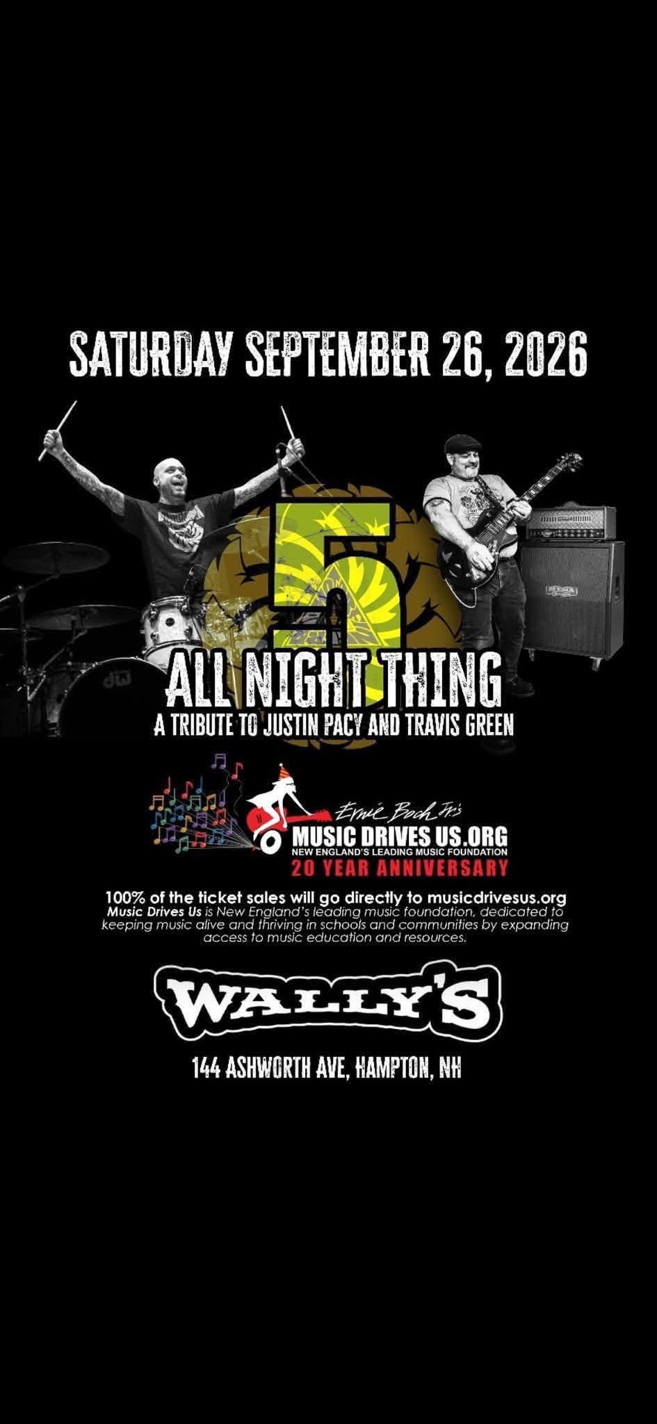 All Night Thing 5 tribute event flyer for September 26, 2026 at Wally’s in Hampton, New Hampshire